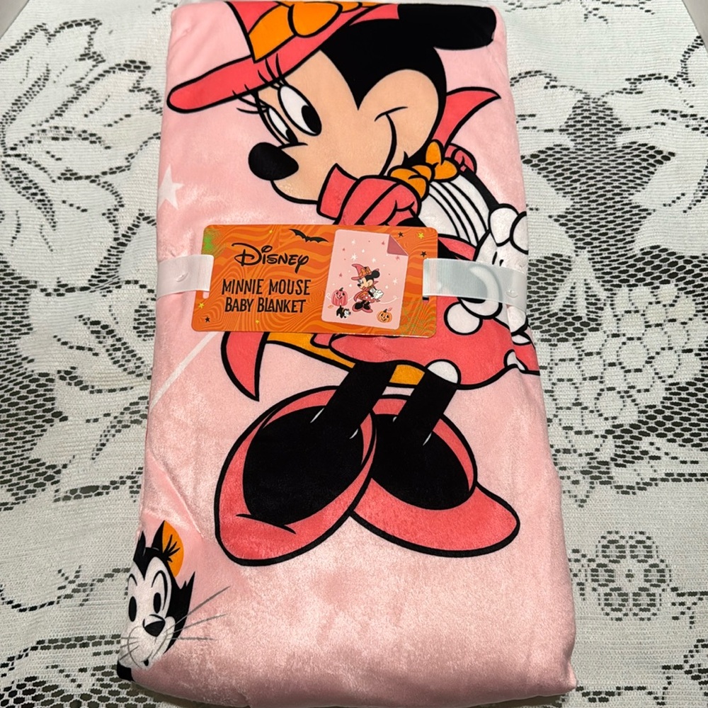 Disney Minnie Mouse Pink Halloween Baby Blanket Figaro Cat Pumpkins 30”x40”